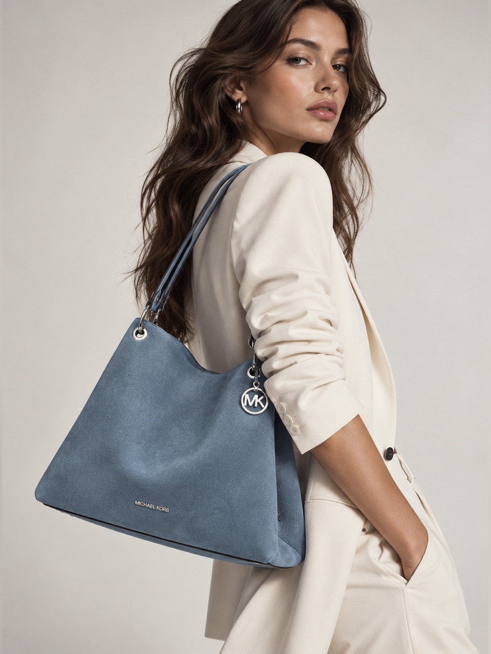 Michael Kors Blue Suede Shoulder Bag Hobo Silver Tone NWOT